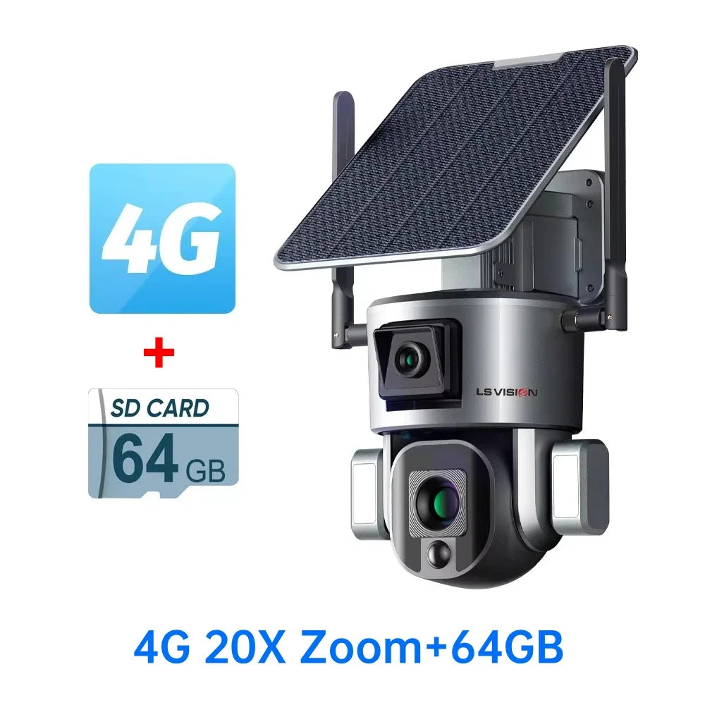 Caméra solaire 4K avec zoom x20 – Sécurité extérieure PTZ Wi-Fi ou 4G avec double écran