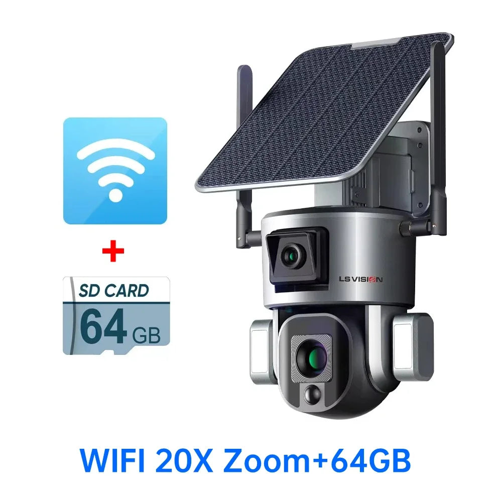 Cámara solar con zoom 20X 4K: seguridad PTZ para exteriores con WiFi o 4G y pantalla dual